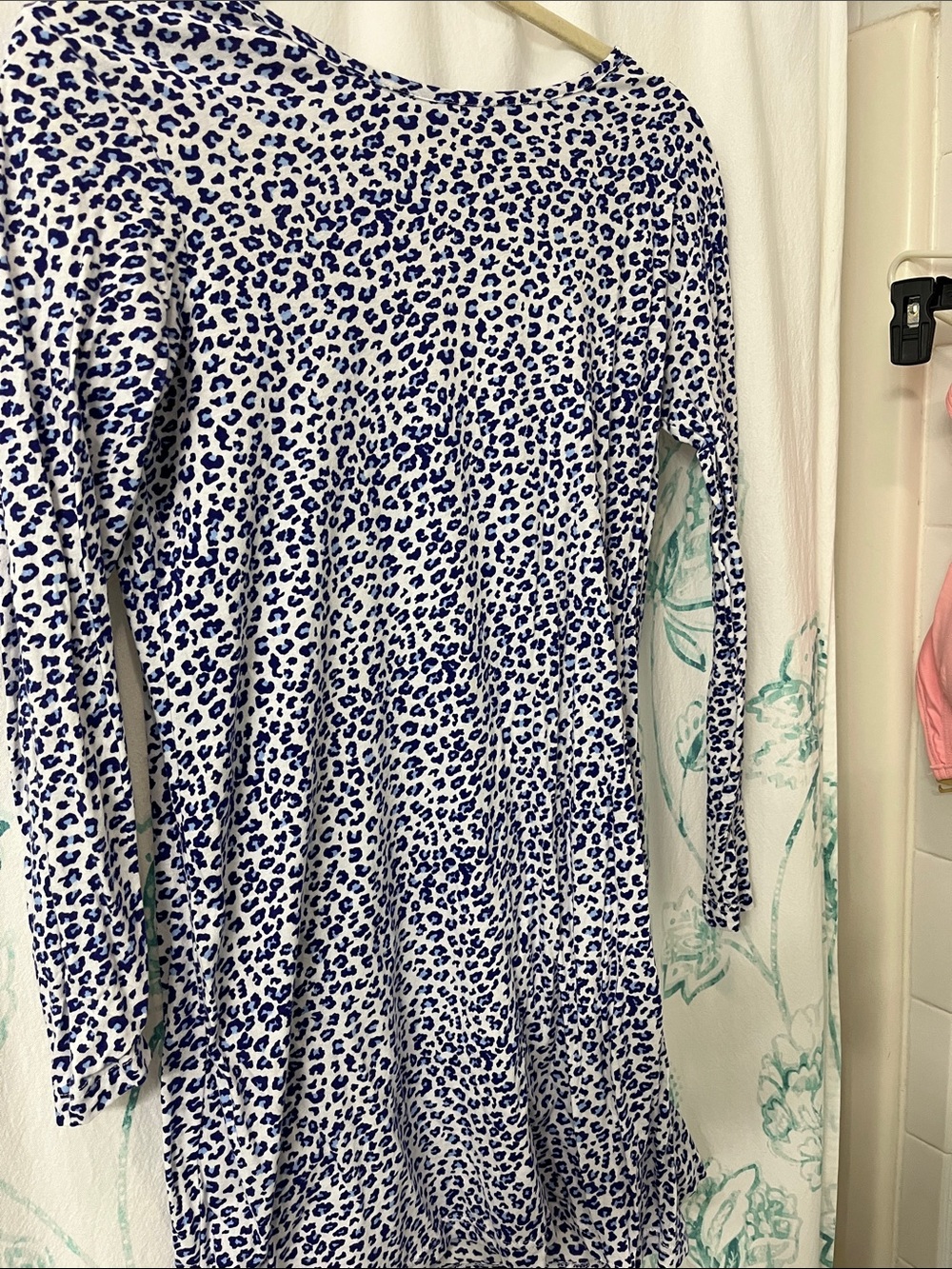 Blue and White Leopard-Print Long-Sleeve Midi Dress